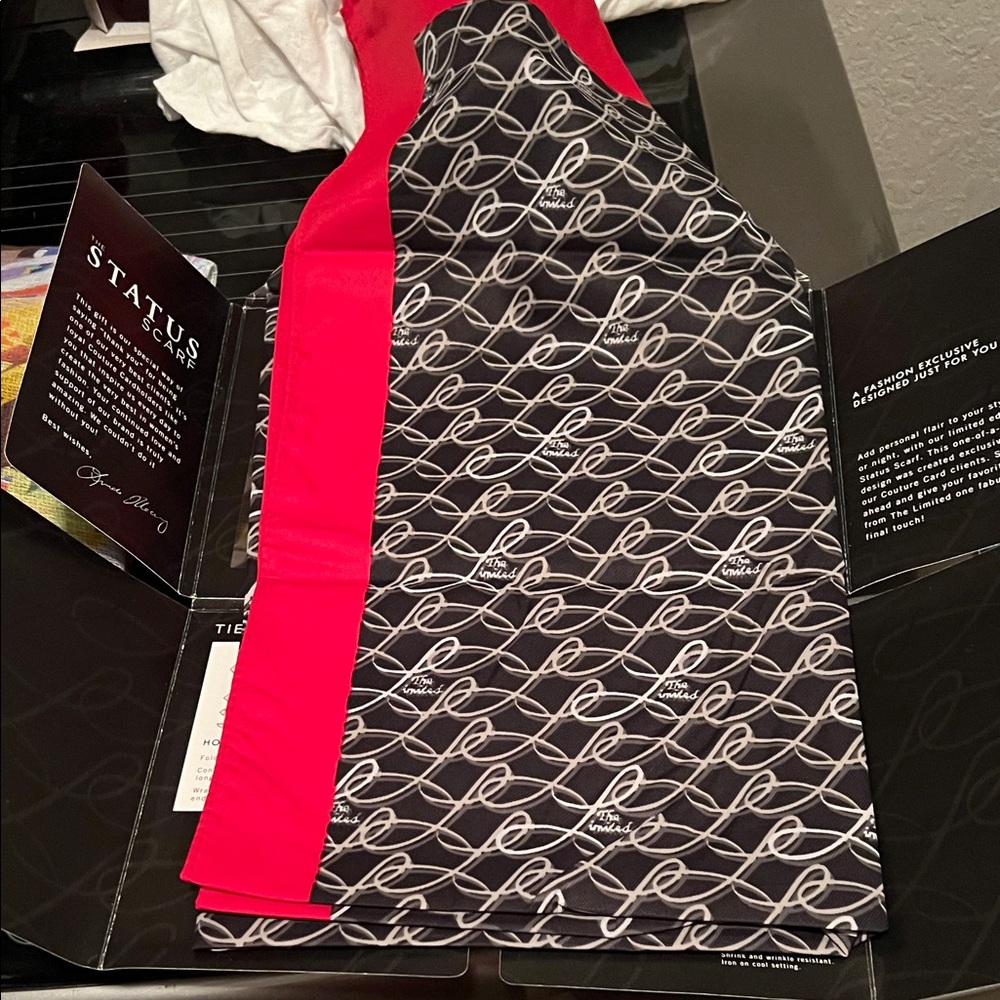 The Limited Black and White Script Scarf with Red Accent